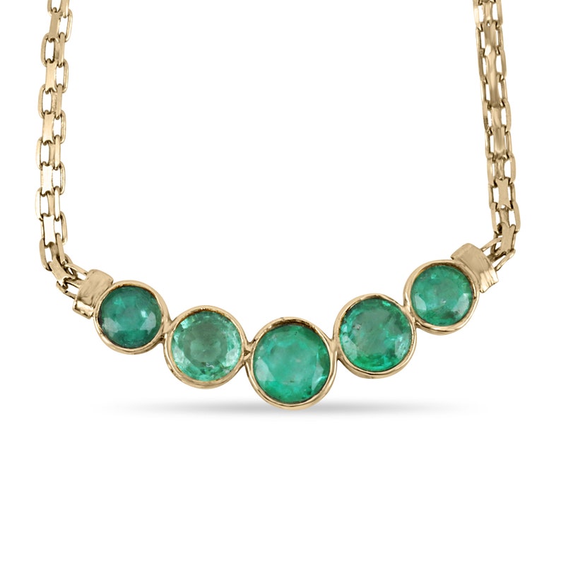 1.87tcw 17Inch 14K Yellow Gold Emerald 5 Stone Round Bib Necklace