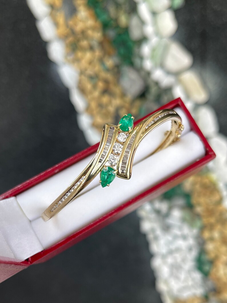 1.95tcw 14K Medium Yellowish Green Emerald Round Cut Triple Diamond Accent Bangle Bracelet - JR Colombian Emeralds