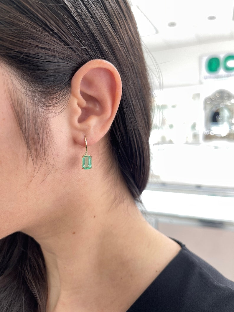 4.90tcw 14K Gold Light Spring Green Emerald Cut Solitaire Dangle Earrings - JR Colombian Emeralds