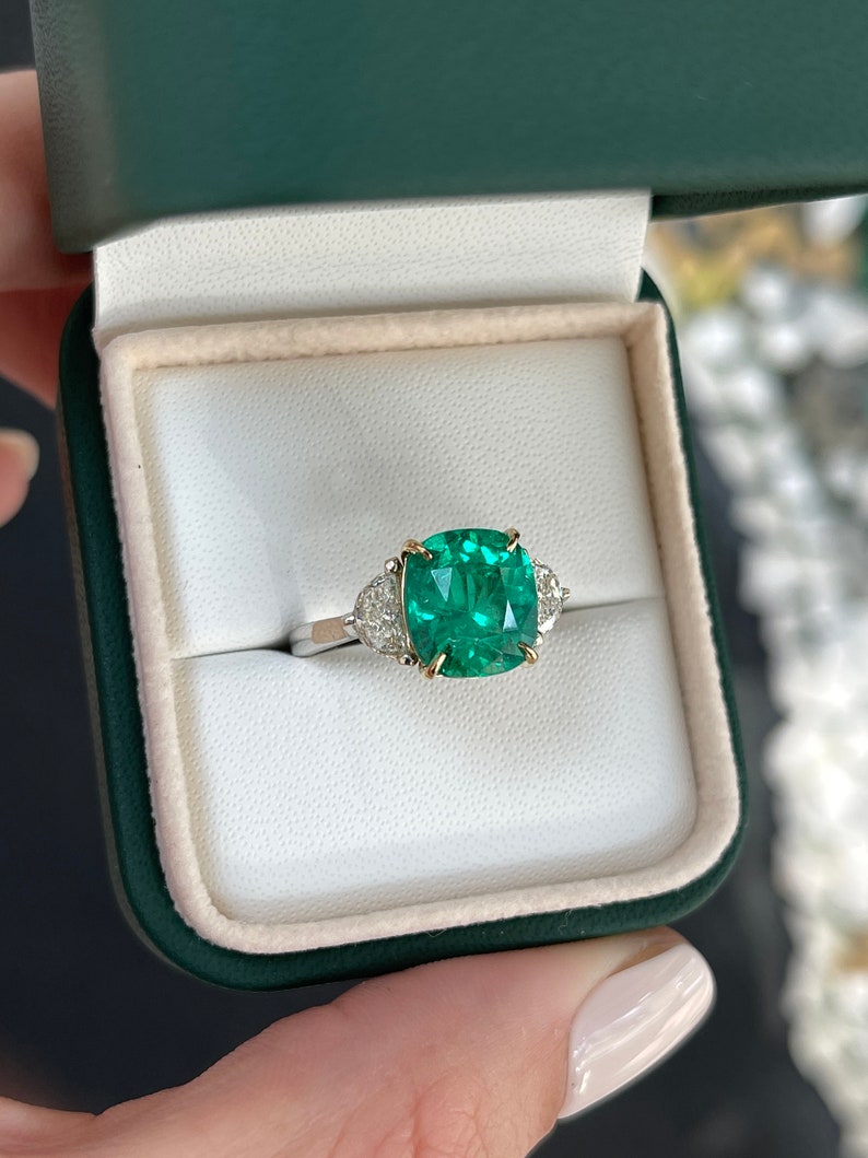 4.77tcw GIA Certified 18K AAA+ Two Toned Fine Quality Cushion Cut Emerald & Half Moon Diamond 3 Stone Engagement Ring - JR Colombian Emeralds