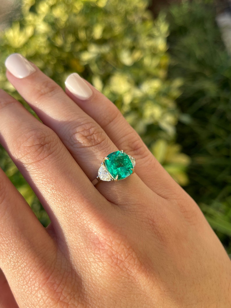 4.77tcw GIA Certified 18K AAA+ Two Toned Fine Quality Cushion Cut Emerald & Half Moon Diamond 3 Stone Engagement Ring - JR Colombian Emeralds