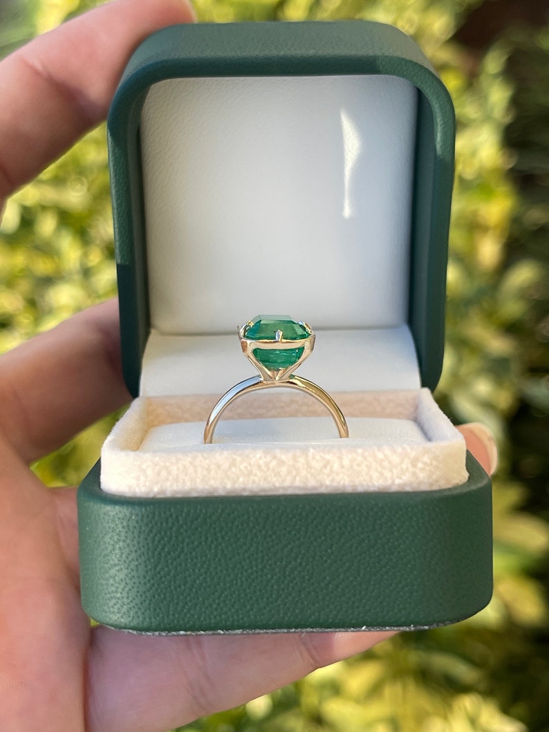 5.76cts 14K 4 Prong Offset Georgian Emerald Cut Solitaire Gold Ring - JR Colombian Emeralds