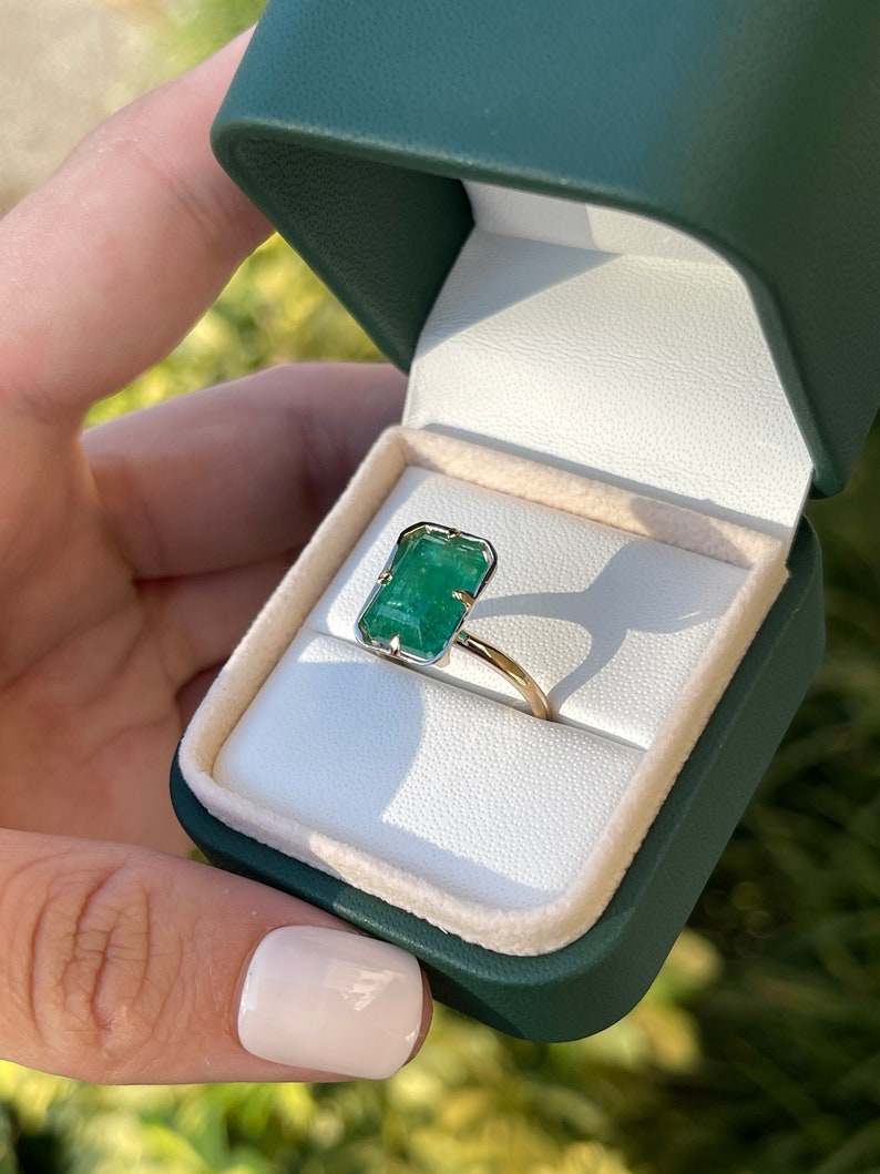 5.76cts 14K 4 Prong Offset Georgian Emerald Cut Solitaire Gold Ring - JR Colombian Emeralds