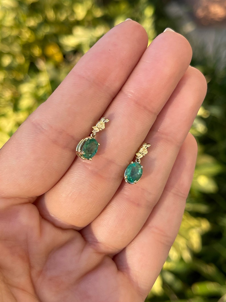 2.0tcw 14K Gold Rose Green Natural Oval Cut Emerald Dangle Floral Earrings - JR Colombian Emeralds