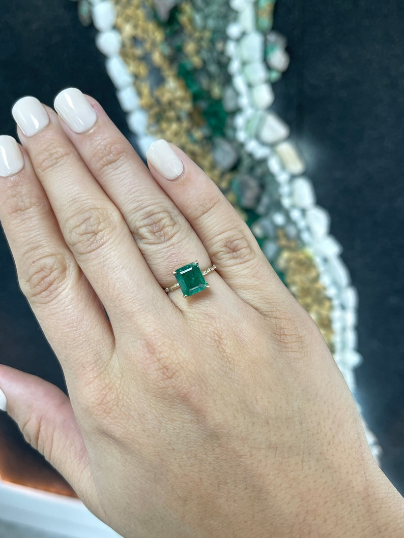 2.68tcw 14K Gold Dark Emerald & Sprinkled Diamond Accent Engagement Ring - JR Colombian Emeralds