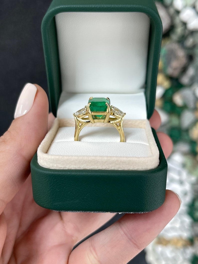 6.05tcw 18K Gold Crazy Rich 3 Stone Asians Emerald & Pear Diamond Ring - JR Colombian Emeralds