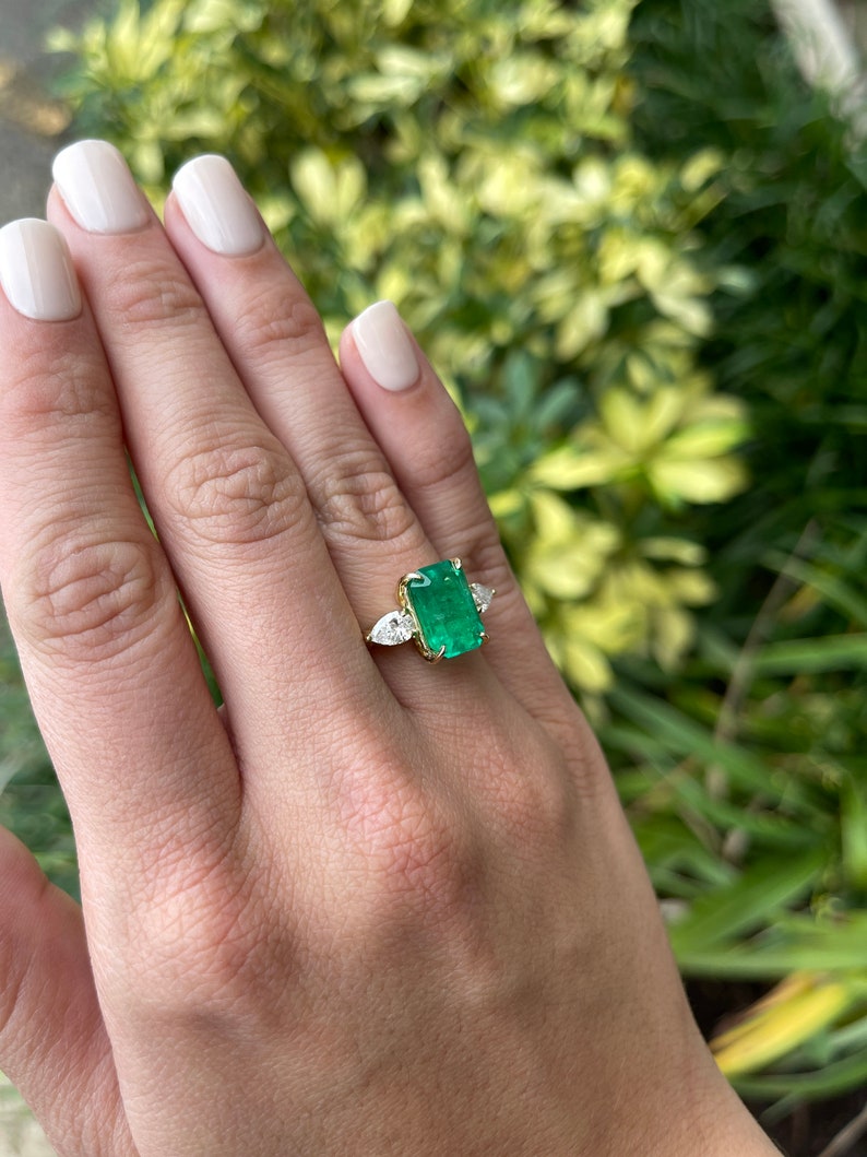 6.05tcw 18K Gold Crazy Rich 3 Stone Asians Emerald & Pear Diamond Ring - JR Colombian Emeralds