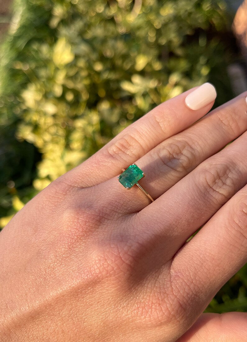 2.10cts 14K Gold 4 Prong Natural Real Emerald Solitaire Right Hand Ring - JR Colombian Emeralds