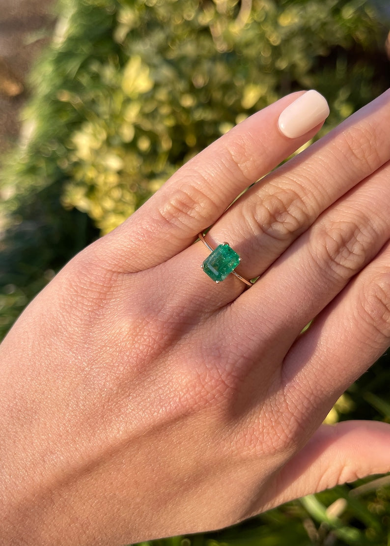 2.10cts 14K Gold 4 Prong Natural Real Emerald Solitaire Right Hand Ring - JR Colombian Emeralds