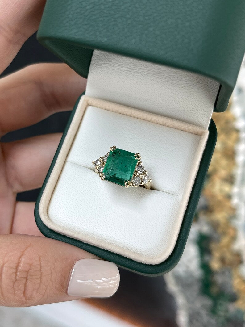 5.22tcw 14K Gold Freckled Emerald Cut & Diamond Accent Cluster Three Stone Engagement Ring - JR Colombian Emeralds