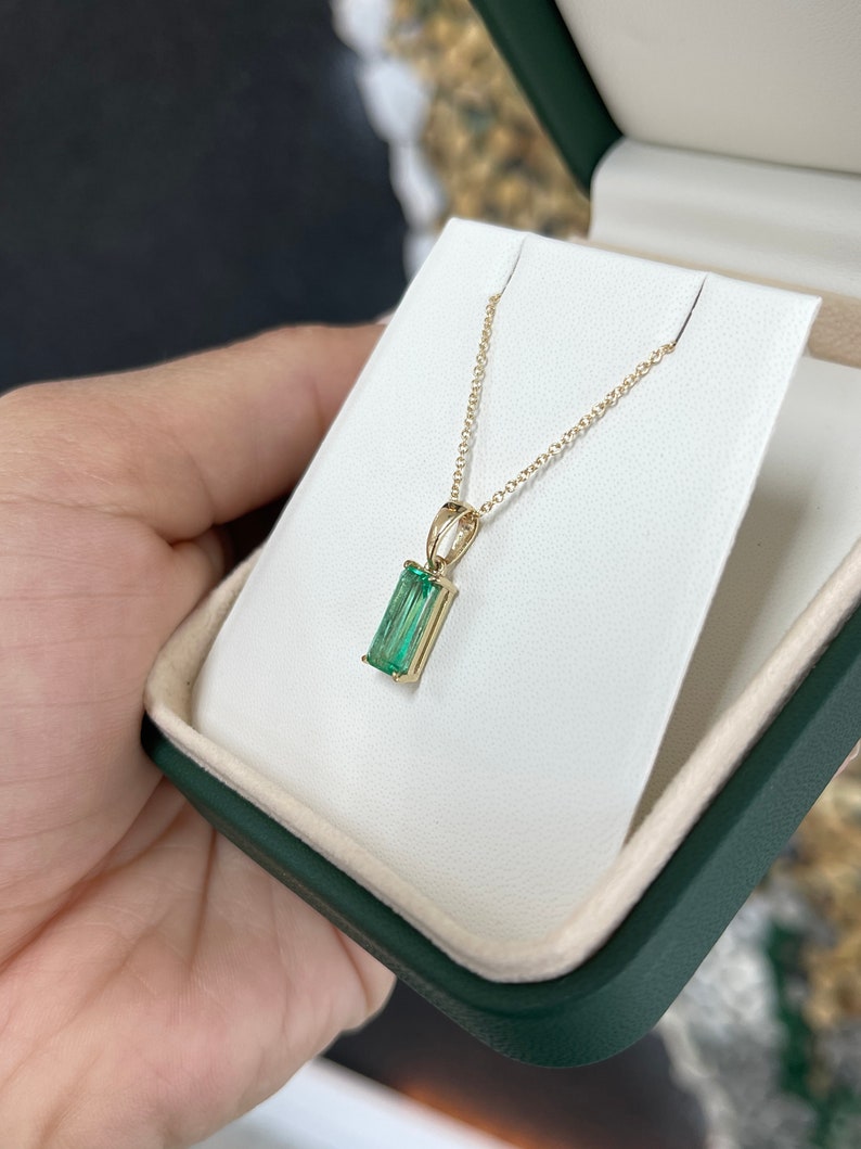 2.0ct 14K Gold Medium Green Prong Set Elongated Emerald Cut Solitaire Pendant Necklace - JR Colombian Emeralds