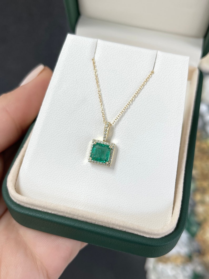 1.80tcw 14K Natural Princess Asscher Cut Emerald & Diamond Halo Gold Pendant Necklace - JR Colombian Emeralds