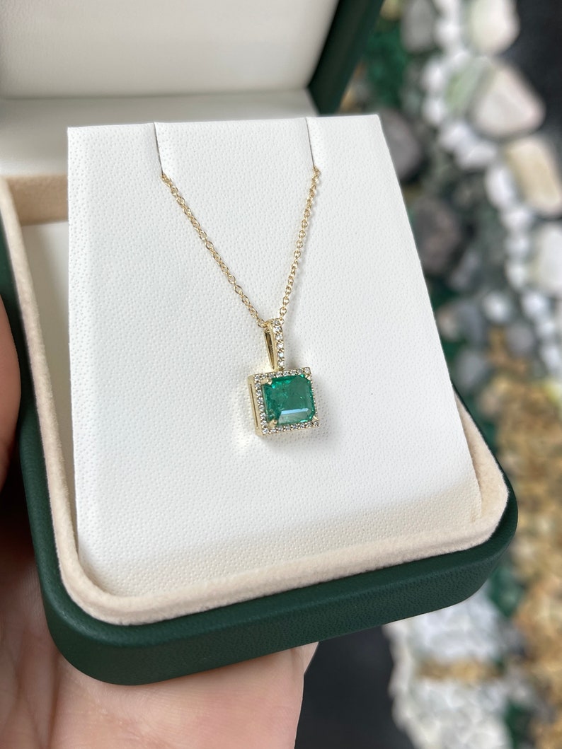 1.80tcw 14K Natural Princess Asscher Cut Emerald & Diamond Halo Gold Pendant Necklace - JR Colombian Emeralds