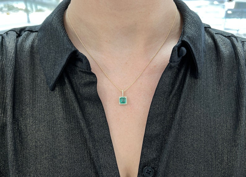 1.80tcw 14K Natural Princess Asscher Cut Emerald & Diamond Halo Gold Pendant Necklace