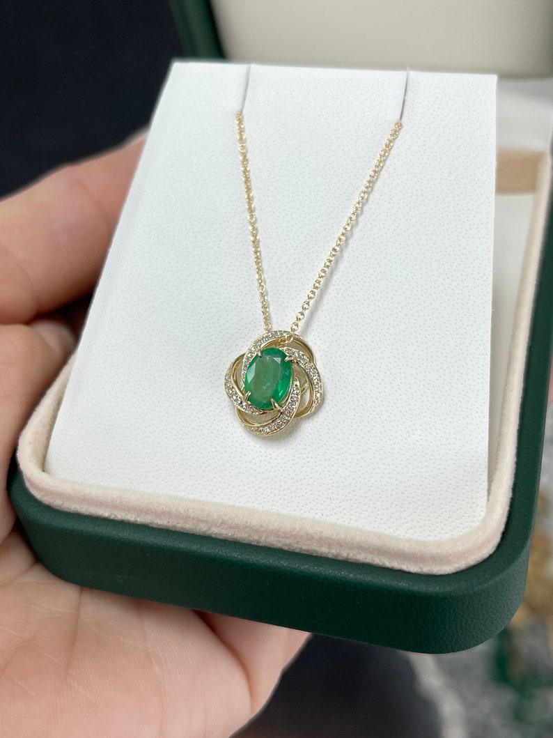 1.48tcw 14K Natural Oval Green Emerald & Diamond Floral Necklace - JR Colombian Emeralds