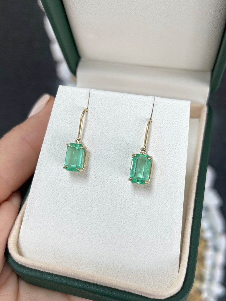 4.90tcw 14K Gold Light Spring Green Emerald Cut Solitaire Dangle Earrings - JR Colombian Emeralds