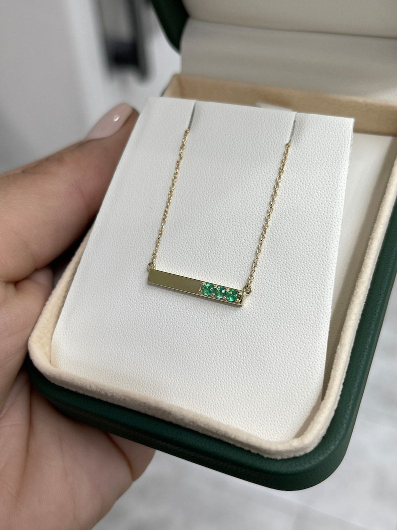 0.15tcw 14K Natural Emerald 3 Stone May Gift Stacking Layering Chain Gold Necklace