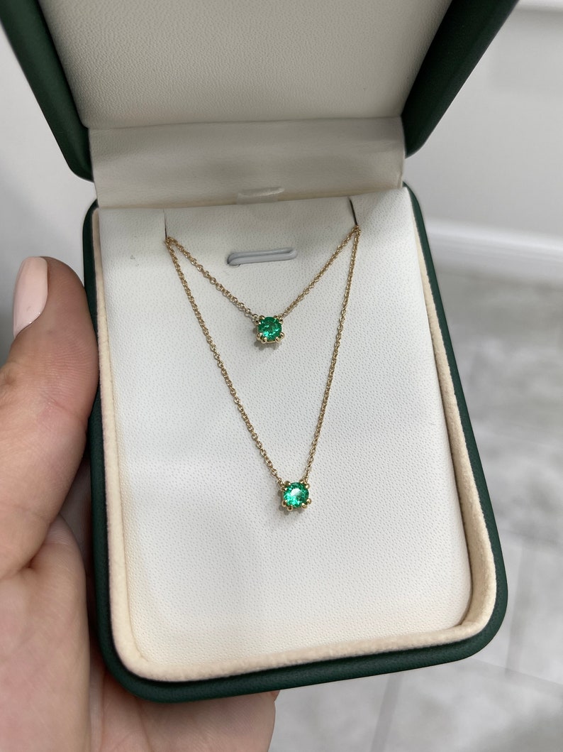 0.35tcw 14K AAA Fine Quality Petite Natural Round Cut Emerald Solitaire Stacking Layering Necklace