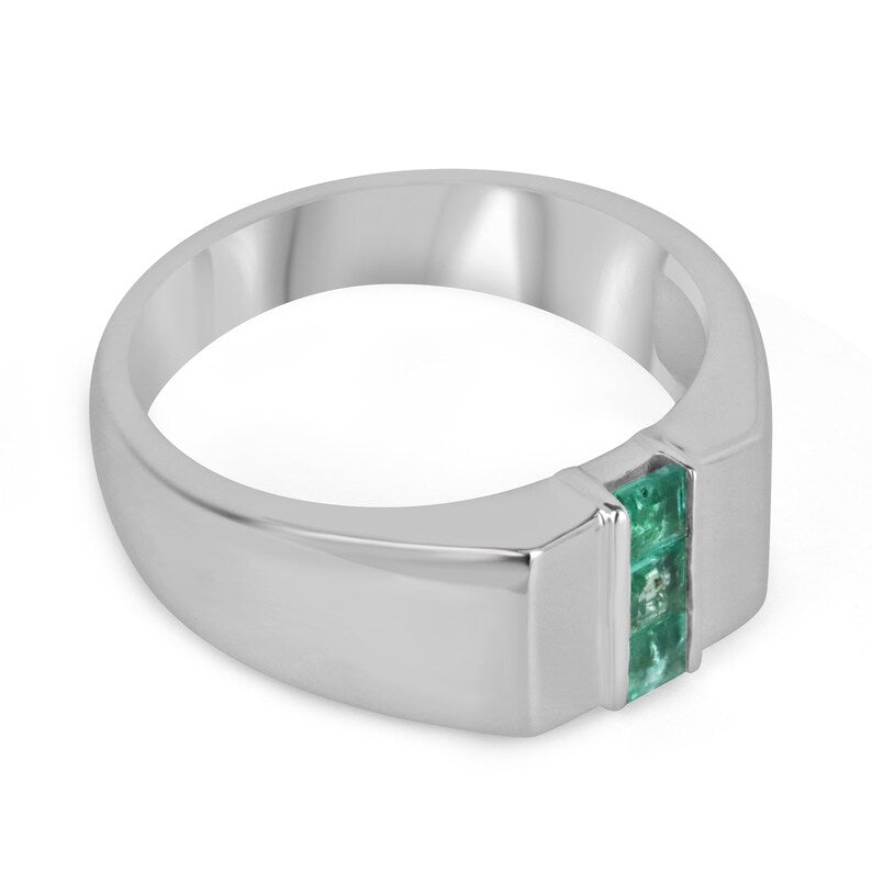 Men's Three Stone Natural Emerald Ring