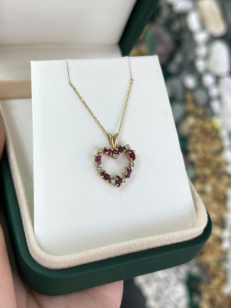0.45-Carats Natural Ruby & Diamond Heart Micro Round Marquise Cut July Birthday Gift Necklace