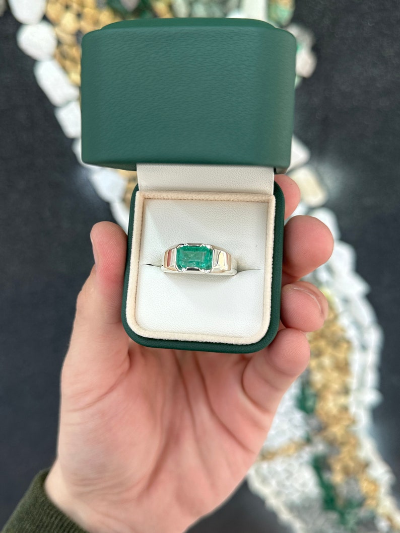 2.40ct Men's Tension Set East to West Emerald Cut in Sterling Silver .925 - JR Colombian Emeralds