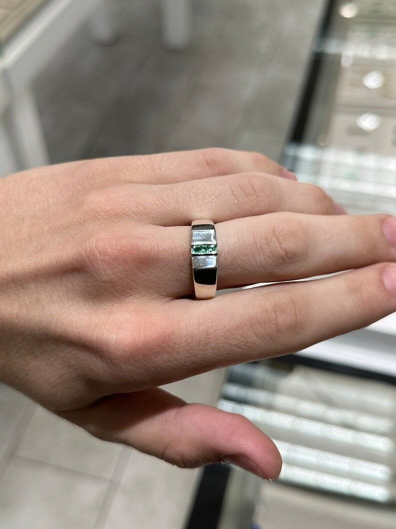 0.30tcw 3 Stone Unisex Natural Medium Spring Green Emerald Sterling Silver .925 Men's Middle Finger Ring