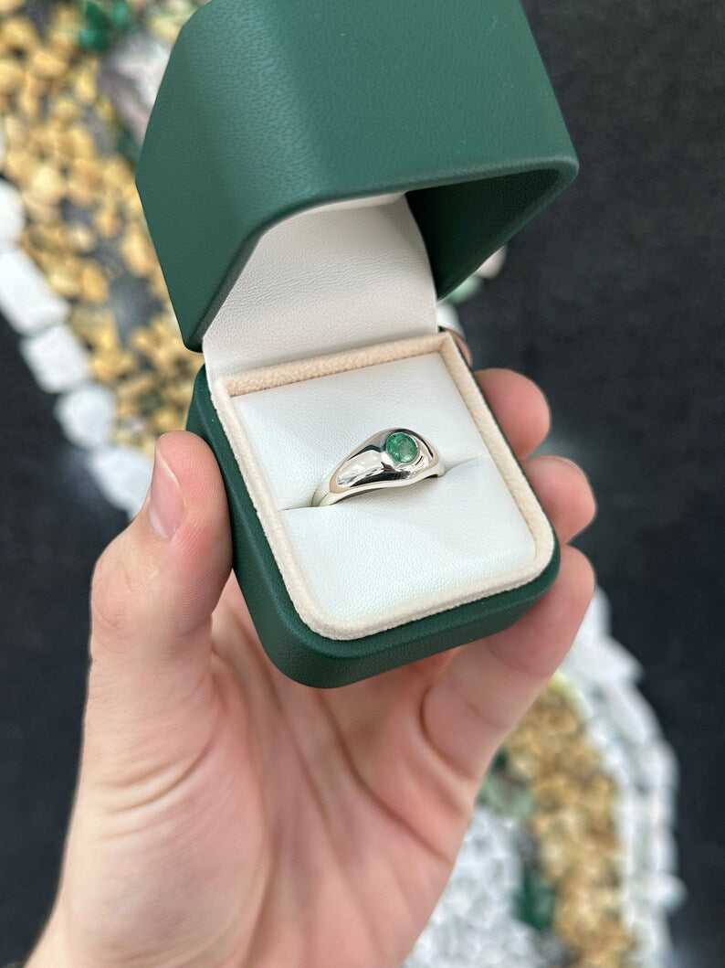 0.60ct Round Cut Unisex Sterling Silver Emerald Solitaire Men's Pinky Ring - JR Colombian Emeralds