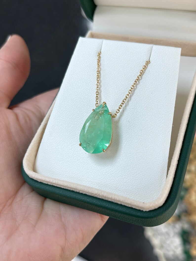 14.82ct 14K Large Pear Cut Teardrop Emerald May Baby Gift Pendant Necklace - JR Colombian Emeralds