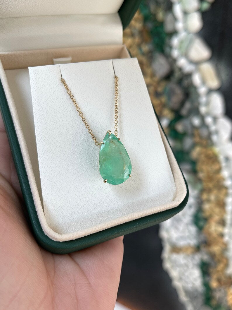 14.82ct 14K Large Pear Cut Teardrop Emerald May Baby Gift Pendant Necklace - JR Colombian Emeralds