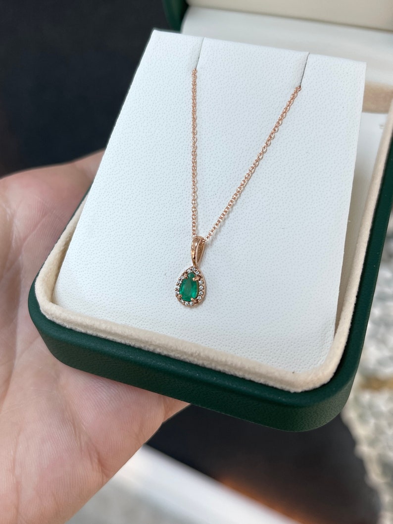 0.36tcw Natural Emerald Pear Cut & Diamond Halo Gold Pendant 14K - JR Colombian Emeralds