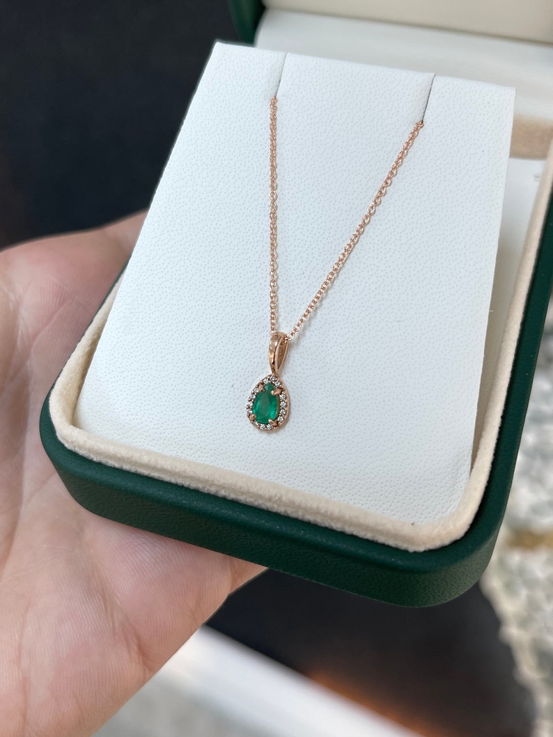 0.36tcw 14K Natural Emerald Pear Cut & Diamond Halo Gold Pendant