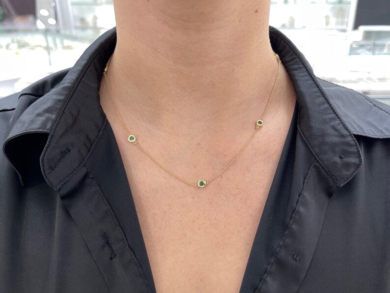 0.80tcw 14K Natural Emerald Round Cut By The Yard Chain Gold Necklace