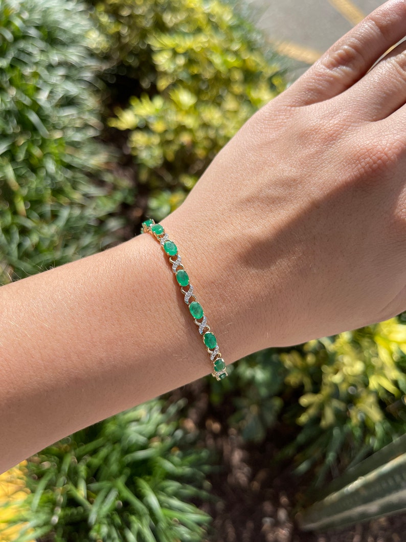 Emerald & Diamond Accent Fancy Woman's Dark Green X Link Bracelet
