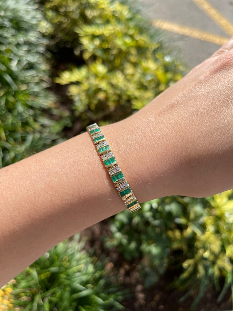 6.96tcw 14K Gold Natural Emerald Cut & Diamond Accent Unisex Bracelet - JR Colombian Emeralds