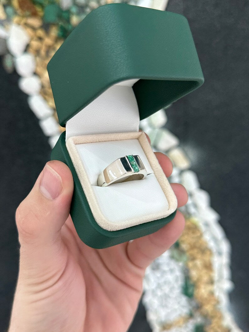 0.45tcw 3 Stone Natural Medium Spring Green Sterling Silver Emerald Unisex Men's Middle Finger Ring - JR Colombian Emeralds