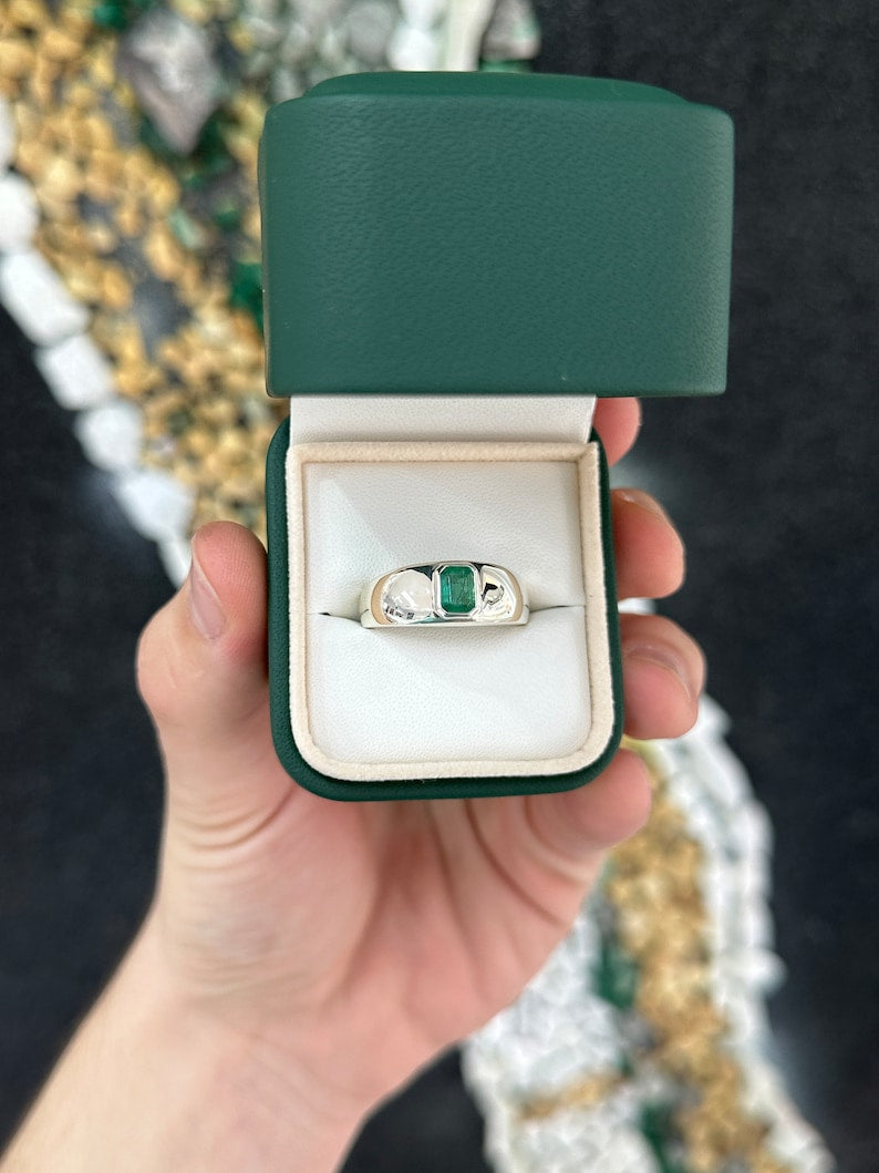 0.85ct Men's Natural Bezel Set Vertically Unisex Green Emerald Solitaire Sterling Silver Ring - JR Colombian Emeralds