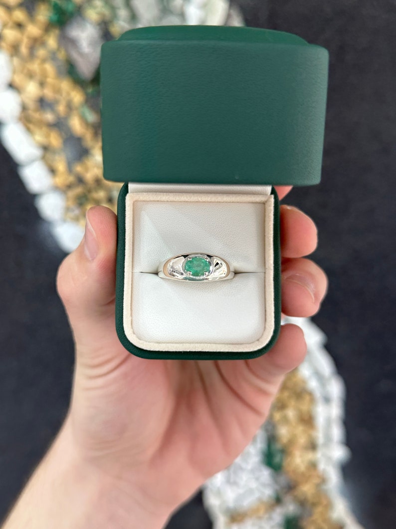 0.80ct Men's Oval Cut East to West Unisex Emerald Set in Sterling Silver .925 Ring SS - JR Colombian Emeralds