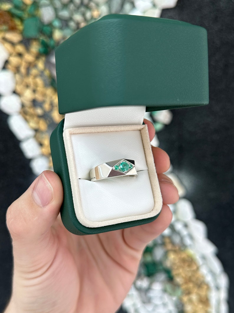 0.55tcw 3 Stone Geometric Contemporary Round Emerald Mens Silver Wedding Band Ring - JR Colombian Emeralds