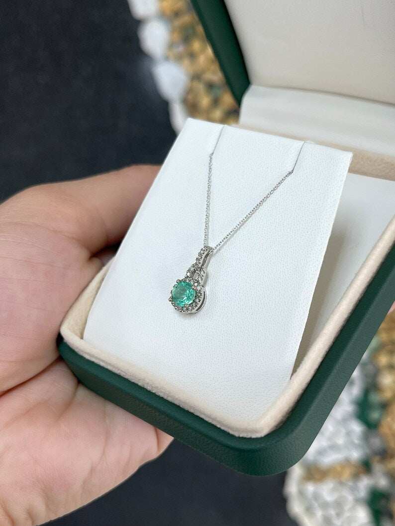 1.10tcw 14K Emerald Round Cut & Diamond Halo Accent White Gold Pendant Necklaces - JR Colombian Emeralds