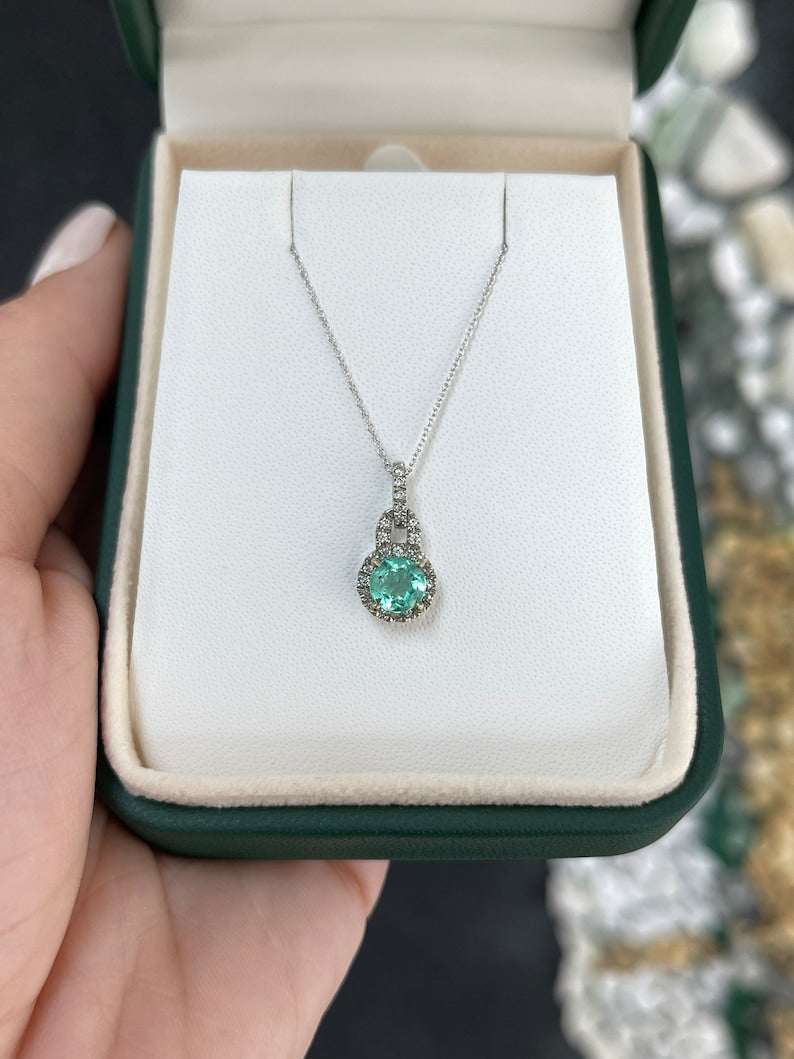 1.10tcw 14K Emerald Round Cut & Diamond Halo Accent White Gold Pendant Necklaces