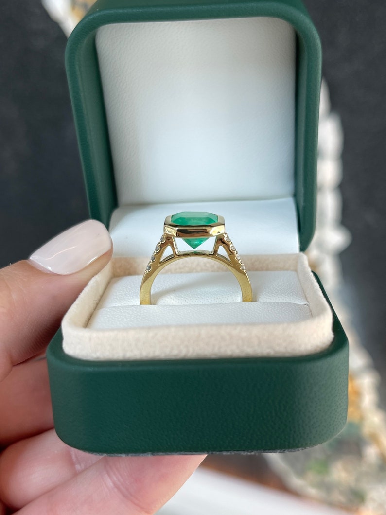 3.30tcw 18K Gold Square Bezel Emerald Asscher & Diamond Accent Right Hand Ring