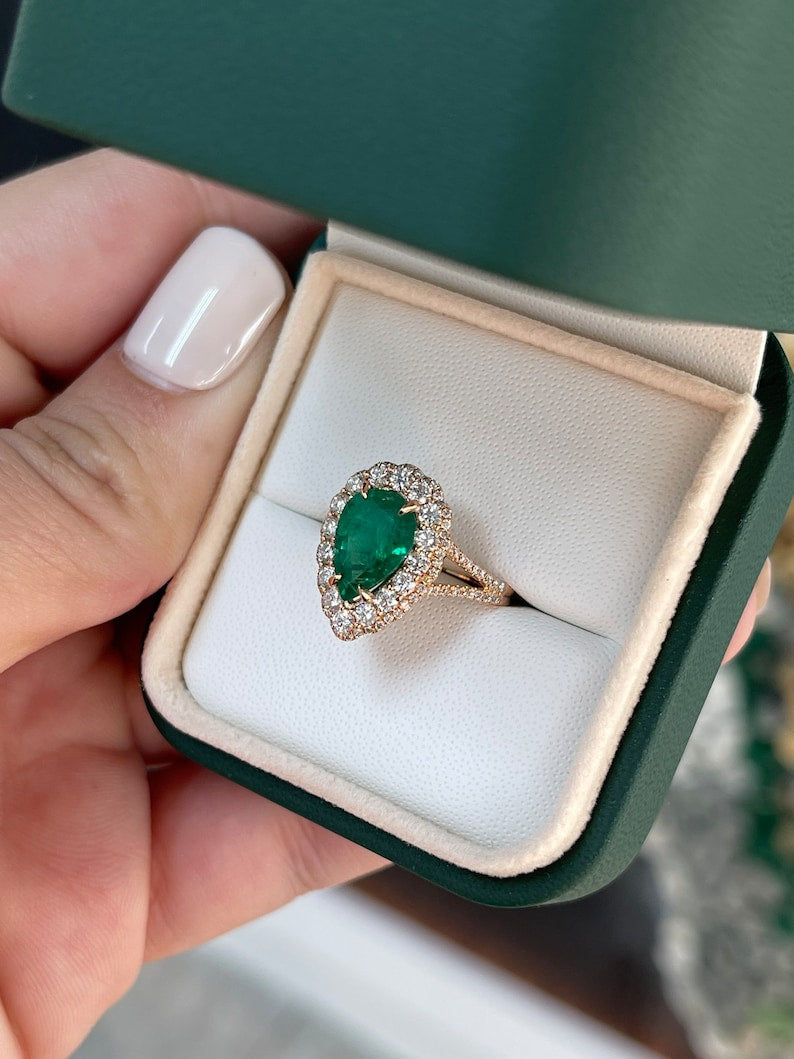 2.52tcw 18K AAA Dark Green Pear Cut Emerald & Double Diamond Halo Rose Gold Engagement Ring - JR Colombian Emeralds