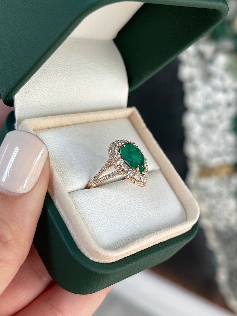 2.52tcw 18K AAA Dark Green Pear Cut Emerald & Double Diamond Halo Rose Gold Engagement Ring - JR Colombian Emeralds