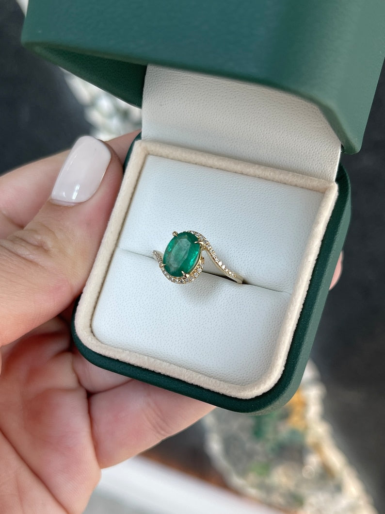 1.80tw 14K Yellow Gold Twisted Shank Oval Cut Emerald & Diamond Accent Bypass Ladies Ring - JR Colombian Emeralds