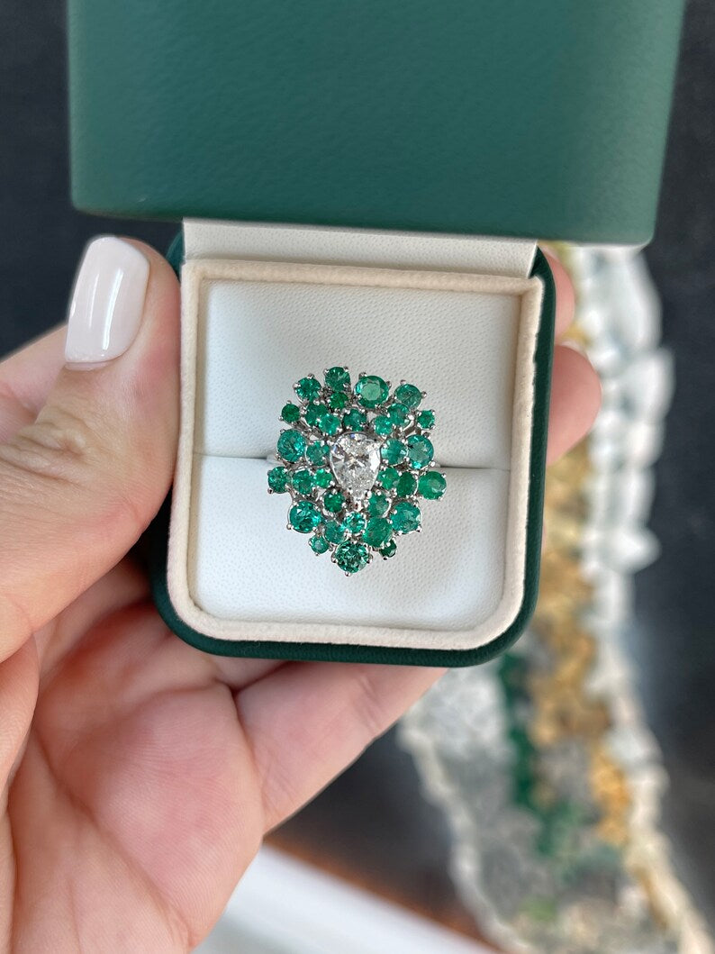 3.38tcw 14K White Gold Teardrop Diamond & Emerald Cluster Statement Ring - JR Colombian Emeralds