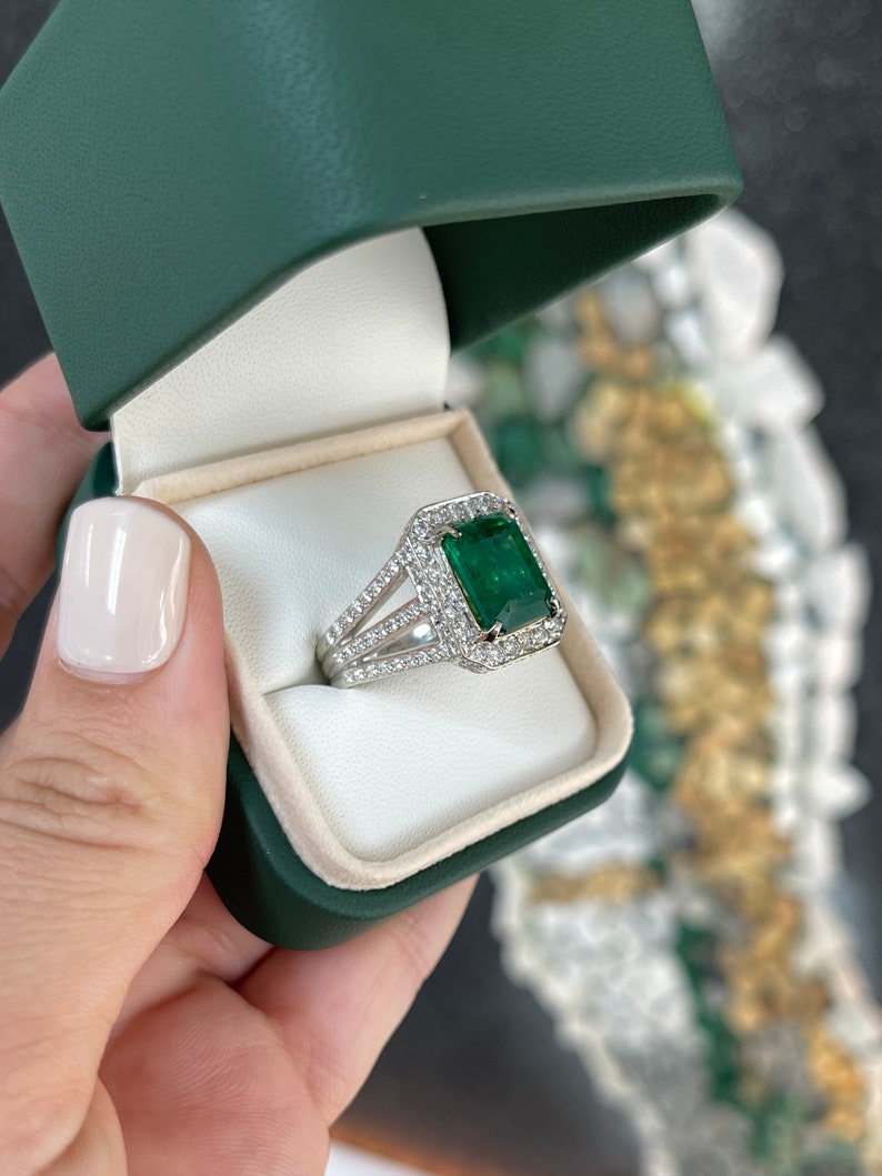 6.25tcw Fine Quality Dark Green Emerald Cocktail Diamond Halo Engagement Ring - JR Colombian Emeralds