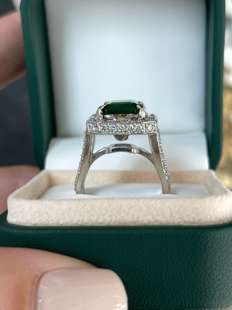 6.25tcw Fine Quality Dark Green Emerald Cocktail Diamond Halo Engagement Ring - JR Colombian Emeralds