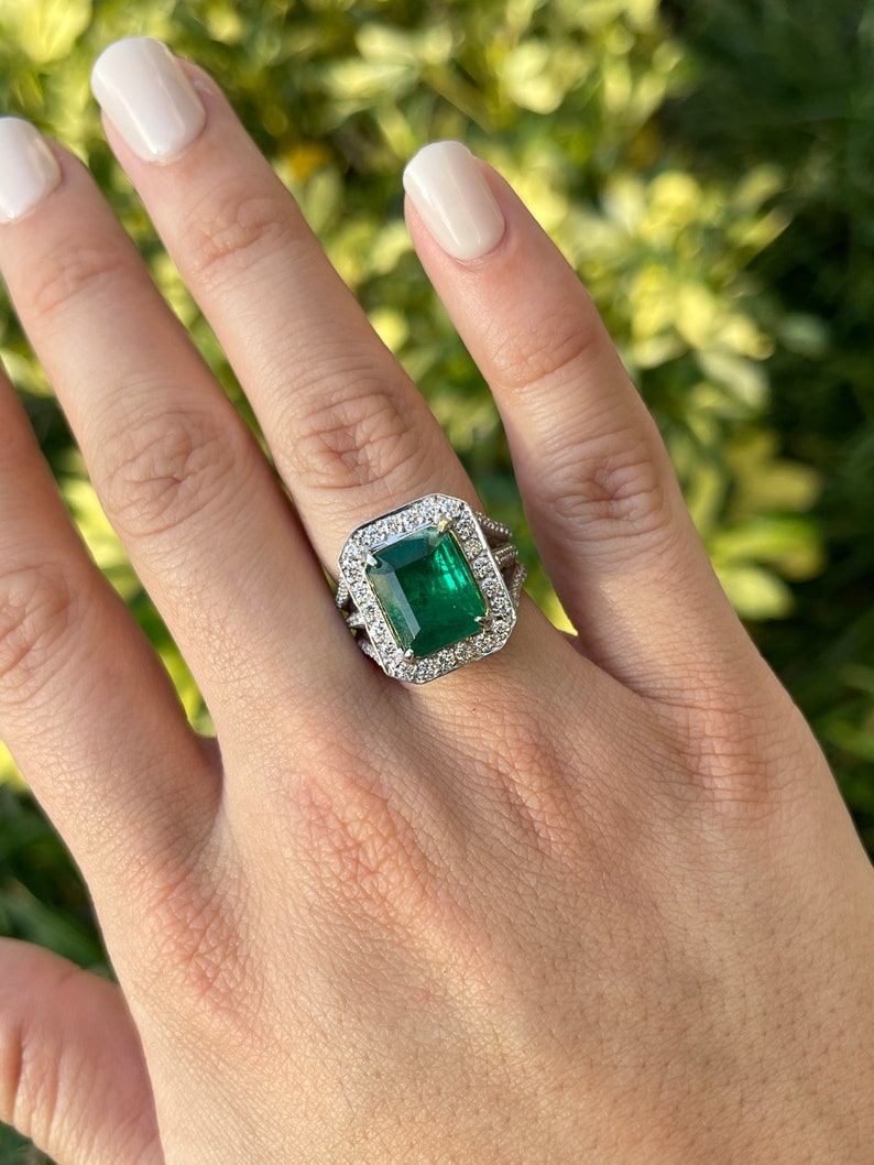 6.25tcw Fine Quality Dark Green Emerald Cocktail Diamond Halo Engagement Ring