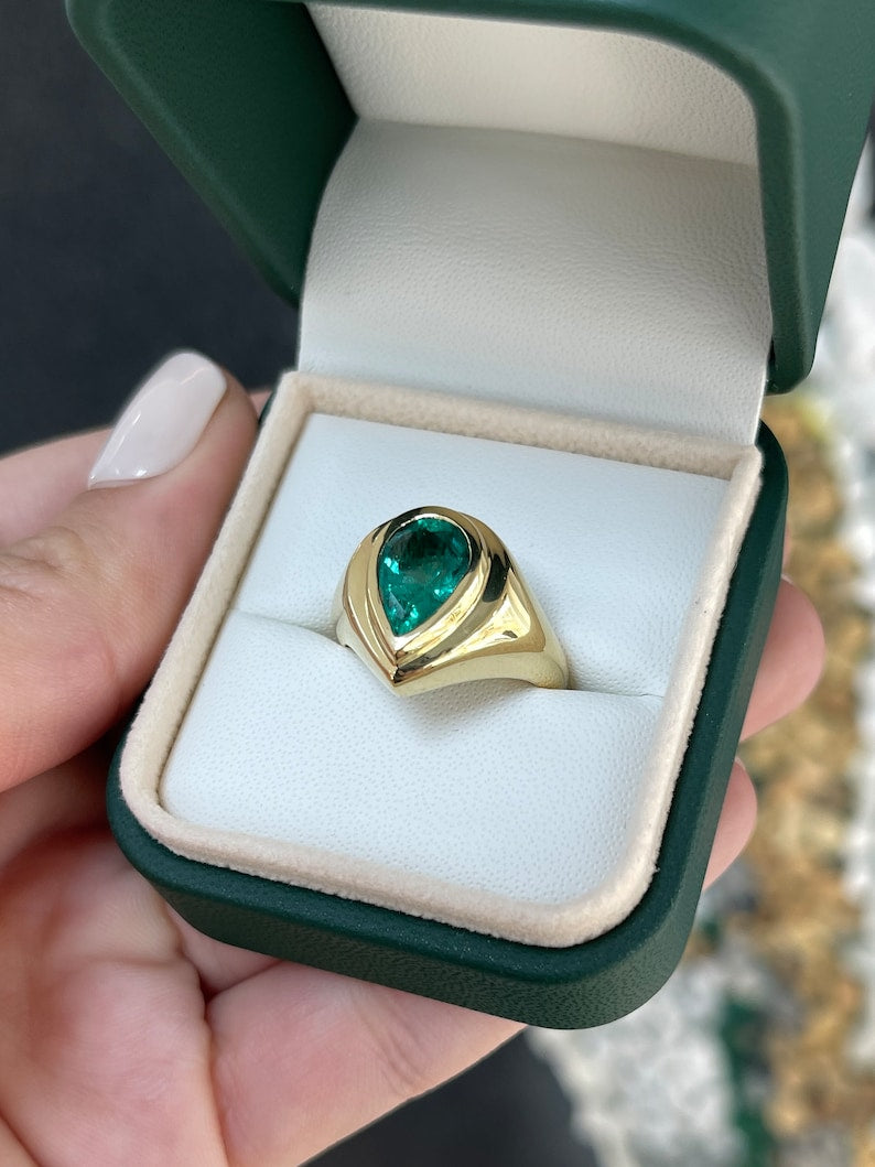 2.47ct 18K Solid Gold Bezel Teardrop Emerald Solitaire Gypsy Ring - JR Colombian Emeralds