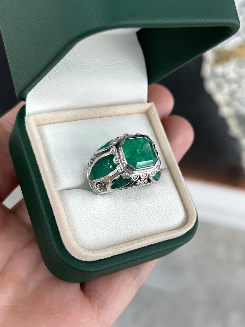 4.88tcw 18K Vivid Dark Green Emerald Enamel Diamond Men's Statement Cocktail Ring - JR Colombian Emeralds